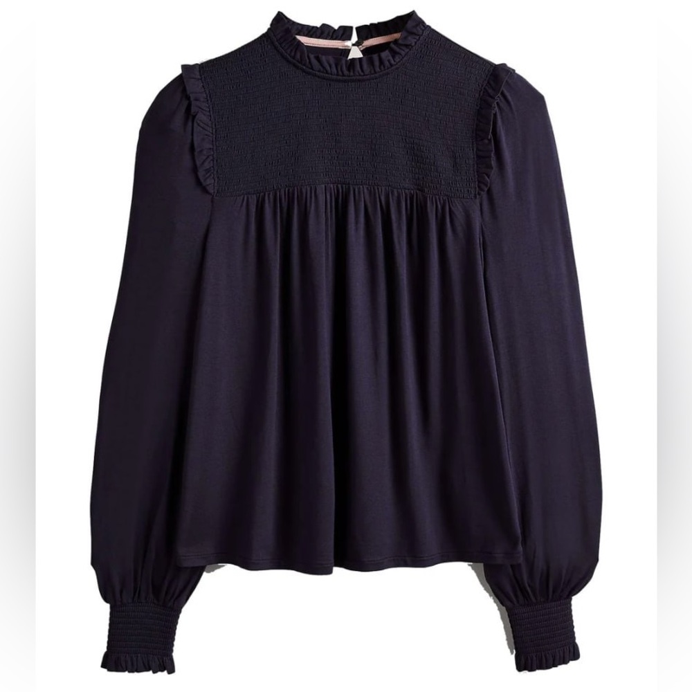 Boden Navy Smocked Yoke Ruffled Long-Sleeve Top